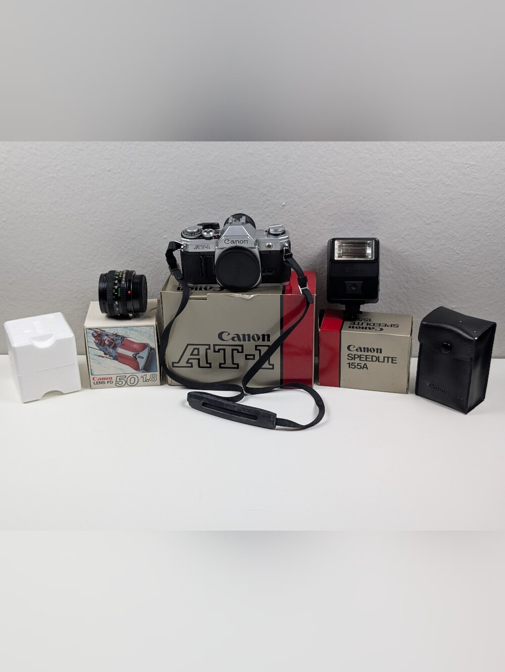 Canon AT-1 35mm SLR Film Camera Kit FD 50mm f/1.8 Lens Speedlite 155A W/ Boxes